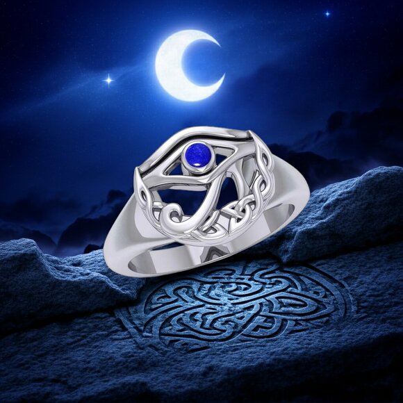 Eye of Horus Celtic Moon Lapis Lazuli Sterling Silver Ring Sizes 6 and 8